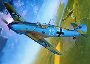 桌面壁纸，，飛機，绘制壁纸，十字，飛行，Bf-109 E-3，航空