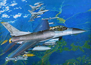 Картинка Самолеты Рисованные Истребители F-16 Fighting Falcon Летят F-16CC Авиация