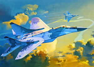 Картинки Самолеты Рисованные Истребители Летят МиГ-29А Авиация