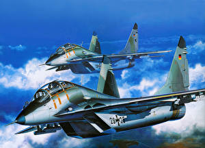 Обои для рабочего стола Самолеты Рисованные Истребители Полет МиГ-29УБ Авиация