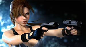 Фотографии Tomb Raider Пистолеты Смотрит Волос Руки Лара Крофт Шатенка Причёска Игры 3D_Графика Девушки