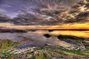 デスクトップの壁紙、、ノルウェー、空、海、雲、地平線、上から、ハイダイナミックレンジ合成、フィヨルド、Rypefjord、都市