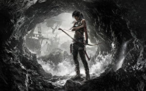 Bakgrundsbilder på skrivbordet Tomb Raider Tomb Raider 2013 Bågskyttar Lara Croft Grottor Datorspel Unga_kvinnor