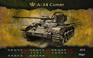 Bureaubladachtergronden World of Tanks Kalender 2013 A-34 Comet Computerspellen