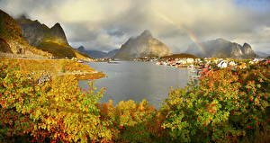 桌面壁纸，，山，挪威，云，彩虹，灌木，Reine Gravdalsbukta ，大自然，城市