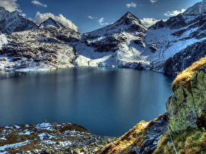 Фотографии Горы Озеро Австрия Снеге HDRI Альпы Природа