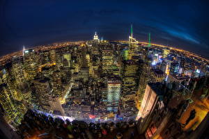 Bilder USA Wolkenkratzer Haus New York City Nacht Von oben HDRI Horizont Megalopolis Städte