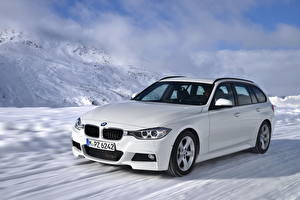 Bureaubladachtergronden BMW Wit Koplampen Sneeuw 320 d auto's
