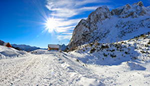 桌面壁纸，，季节，冬季，斯洛文尼亚，天空，道路，雪，光射线，Tolmin Trenta，大自然