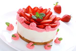Hintergrundbilder Torte Obst Erdbeeren Weißer hintergrund Lebensmittel