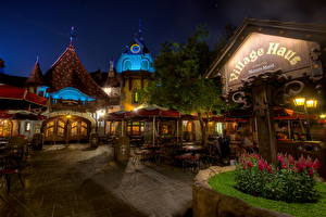 Bureaubladachtergronden Amerika Disneyland Nacht Stadsstraat Koffiehuis Californië een stad