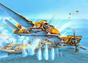 Picture Airplane Painting Art Ships Fighter aircraft Flight Bristol Beaufighter Mk.6 Aviation
