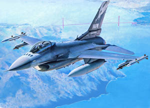 Papel de Parede Desktop Aviãos Desenhado Caça Avião F-16 Fighting Falcon Voo F-16C Aviação