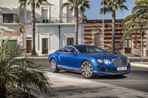 Images Bentley Blue Headlights Palm trees Luxurious 2012 Continental GT Speed automobile Cities