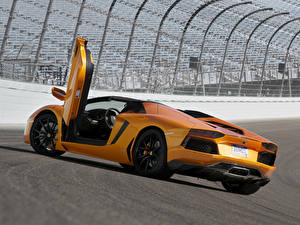 Tapety na pulpit Lamborghini Pomarańczowy Drogie Roadster Otwarte drzwi Aventador LP700-4 Roadster samochód