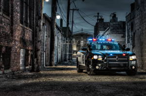 Wallpapers Dodge Headlights Front Police Night time HDRI 2012 Charger Pursuit Cars