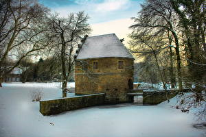 Photo Castle Germany Winter Trees Snow HDR Brunninghausen Cities