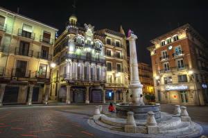 Фото Испания Здания Улица Ночь HDR Тротуар Teruel Aragon город