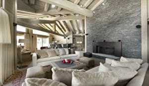 Image Interior Sofa Pillows Fireplace Wooden Ceiling Design
