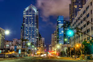 Фотографии Штаты Дороги Дома Уличные фонари Ночь HDR Сан-Диего город
