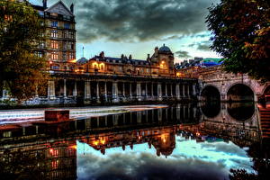 桌面壁纸，，英格兰，河流，晚上，高动态光照渲染，Pulteney Bridge Bath，城市