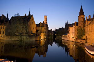 Image Belgium Houses Rivers Night Canal Bruge Cities