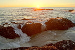 Fotos Meer Steine Morgendämmerung und Sonnenuntergang Horizont Natur