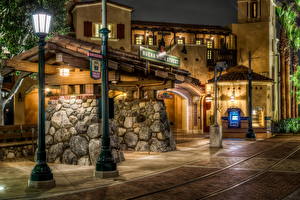 Tapety na pulpit USA Disneyland Kalifornia Ulica Latarnia uliczna HDR Noc Miasta