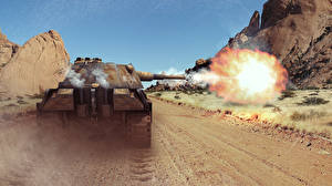 Bureaubladachtergronden World of Tanks Tank Vlam Schieten PzKpfw V Panther Computerspellen 3D_graphics