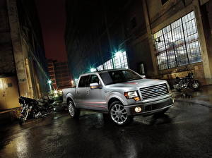 Wallpaper Ford Night time Silver color Ford F-150 Cars Cities