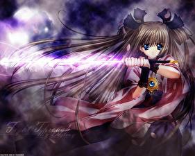 Pictures Swords Brown haired Kimono Anime Girls