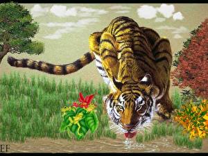 Wallpapers Big cats Tigers Painting Art Animals
