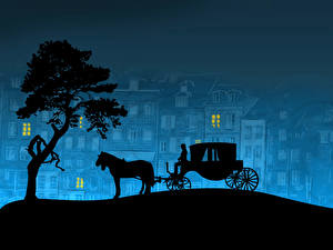 Pictures Vector Graphics Horse Carriage Silhouettes Trees Cities