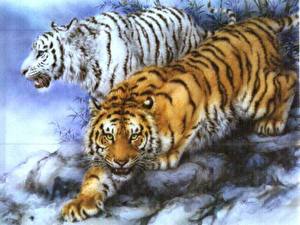 Pictures Big cats Tigers Painting Art Animals