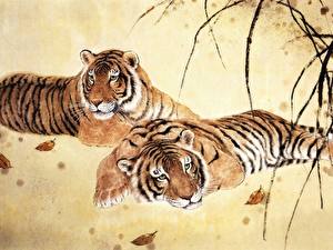 Photo Big cats Tigers Painting Art animal