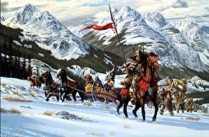 Картинки Лошадь Воин Горы С копьем Фэнтези