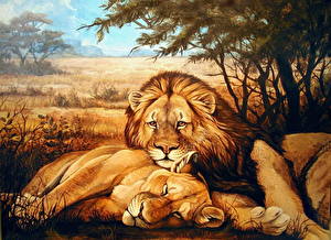 Обои для рабочего стола Большие кошки Львы Рисованные животное