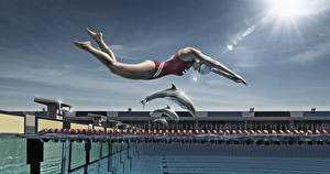 Картинки Плавательный бассейн В прыжке спортивная Девушки