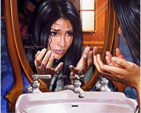 Обои Руки Зеркало Кран водопроводный Отражение Фантастика